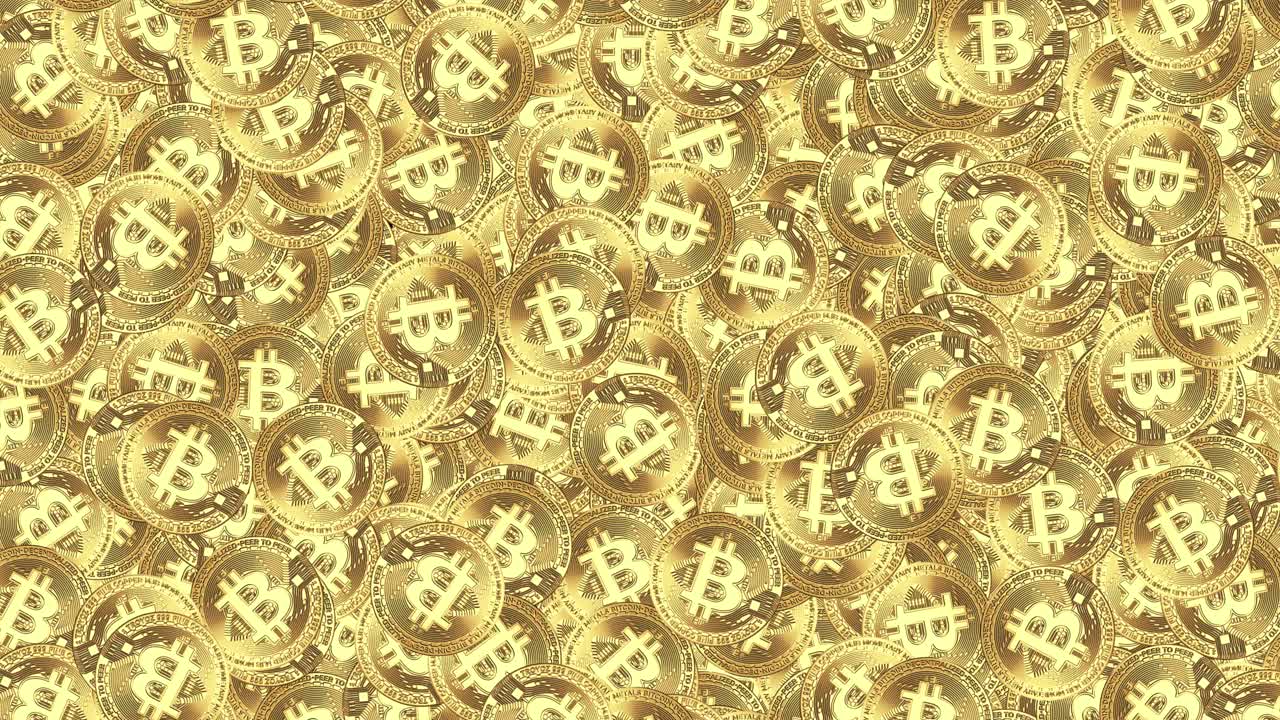 Bitcoin internet currency coins falling green screen loop animation background fascinating scattered