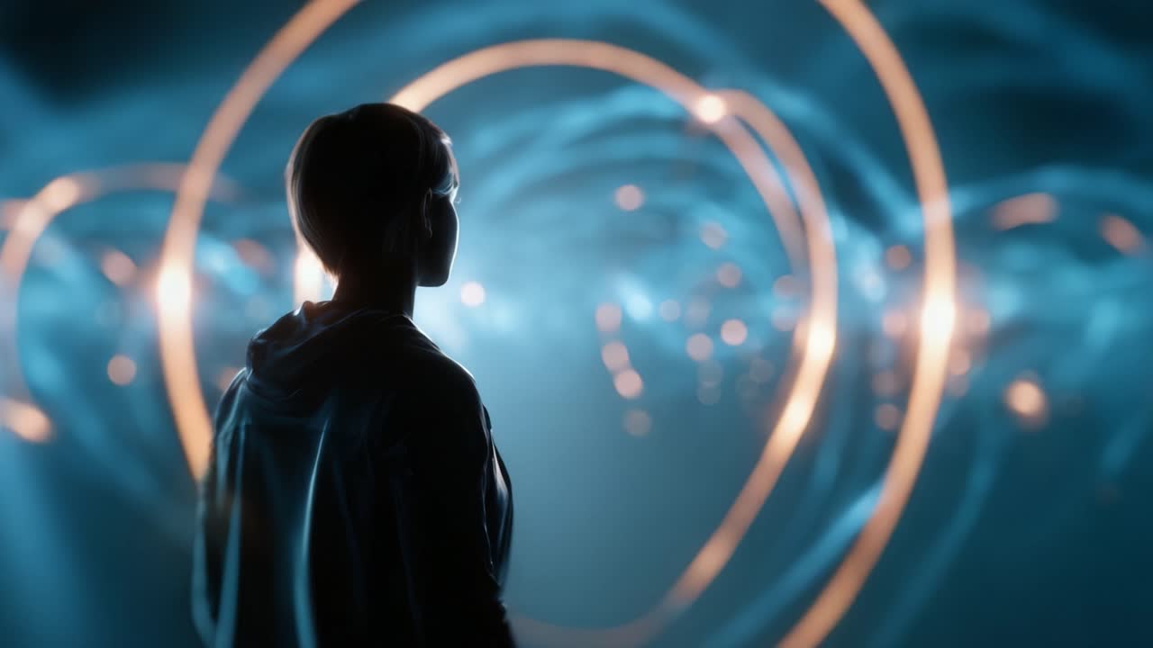 Uma figura está admirada, envolvida por hipnotizantes luzes azuis e douradas em espiral, explorando as profundezas de um impressionante reino digital que distorce a realidade