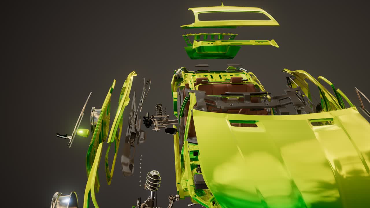 눈에 띄는 부분이 있는 분해된 자동차