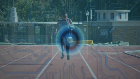 animation of digital data processing over disabled male athlete with running blades on running track