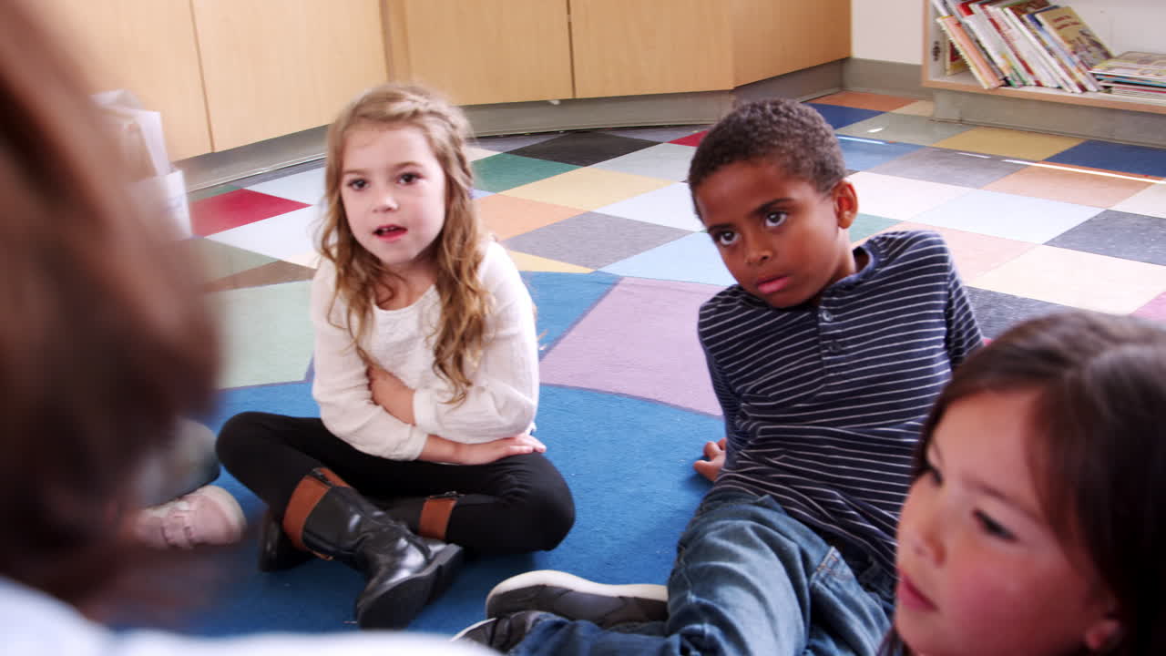 School kids sitting on the floor gathered around teacher