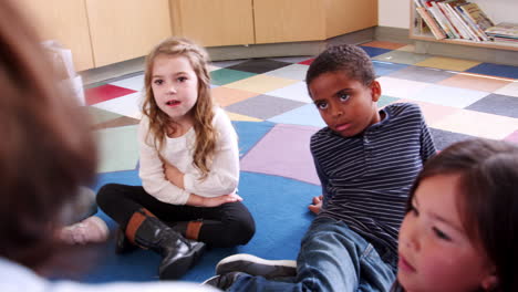 school kids sitting on the floor gathered around teacher