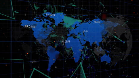 animation of glowing orange particles over network processing data and blue world map on black