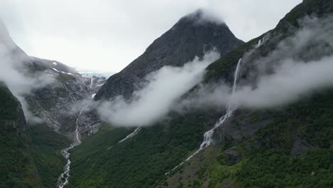 Briksdal-Glacier-and-Waterfall-in-Olden,-Stryn,-Briksdalen,-Norway---Aerial