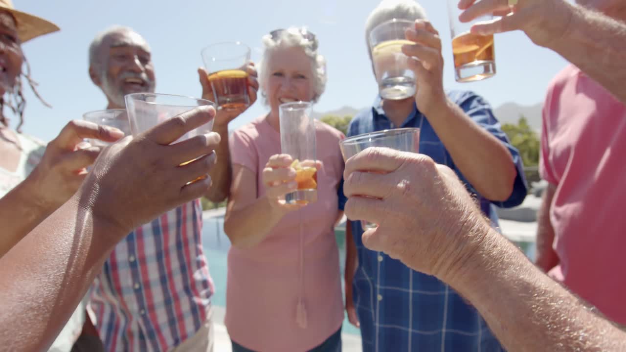diversos amigos mayores felices bebiendo un brindis en una fiesta de jardín soleado, sin alteraciones, en cámara lenta