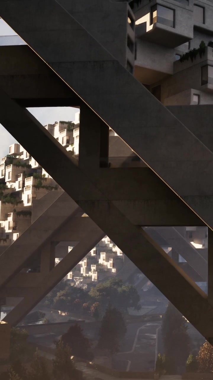 View of modern architecture under a bridge with stacked buildings in distance
