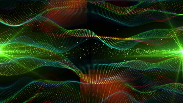 Animation of green lights and particles over 3d mesh spirals floating on black background