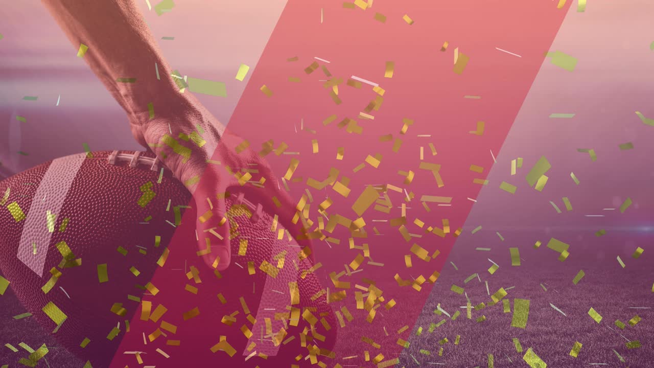 animación de confeti de oro cayendo con un jugador de fútbol americano caucásico con una pelota