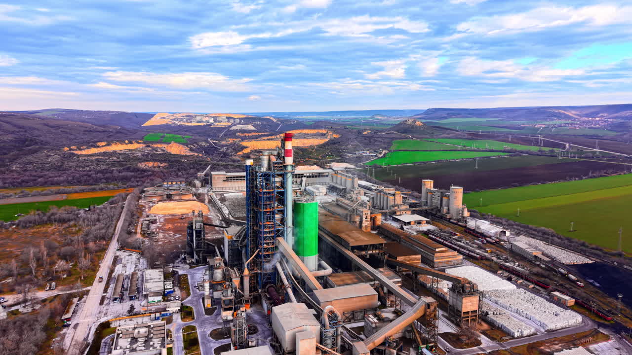 Industrial factory with tall chimneys, silos, and conveyors. Background features a quarry and green fields under a blue sky. Aerial view of a large cement plant industrial complex