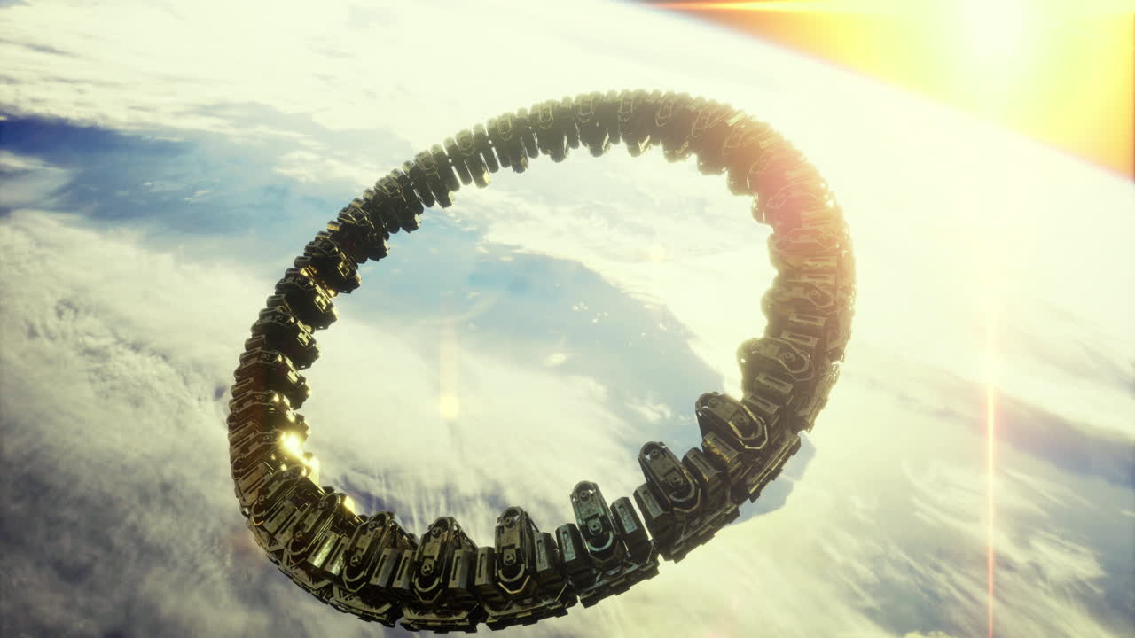 Satellite structure orbits earth with sunlight reflecting off its surface