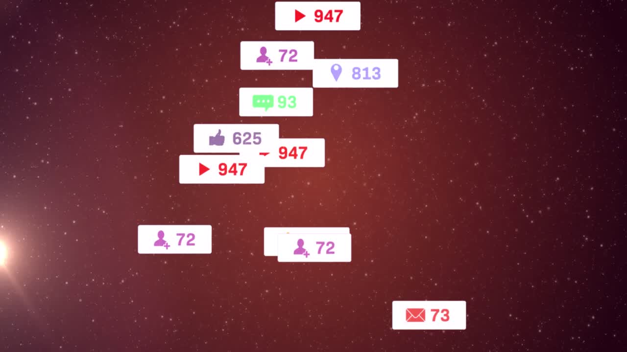 Animation of cursors over social media icons and numbers on white banners and stars on night red sky