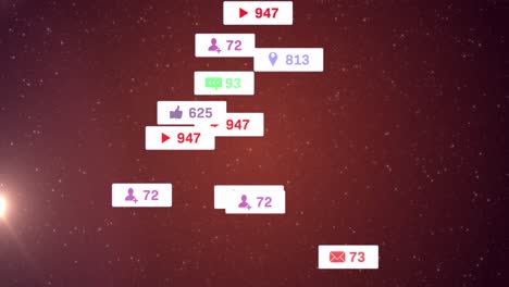 animation of cursors over social media icons and numbers on white banners and stars on night red sky