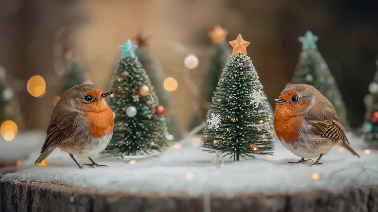 Wechsel zu einem zentralen Mini-Weihnachtsbaum, zwei Rotkehlchen führen, wobei das rechte Rotkehlchen von einem verschneiten Baumstumpf wegfliegt