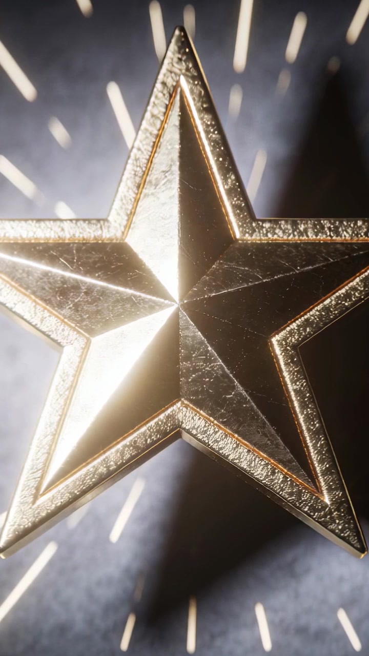 Video verticale: Una stella d'oro scintillante si avvicina da una luce laterale in studio, creando raggi radiali.