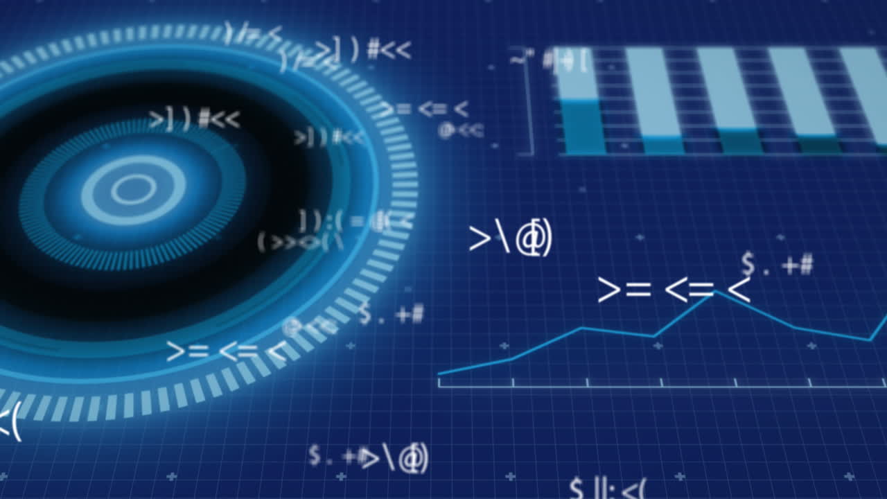 Animation of circles, symbols and graphs over grid pattern against abstract background