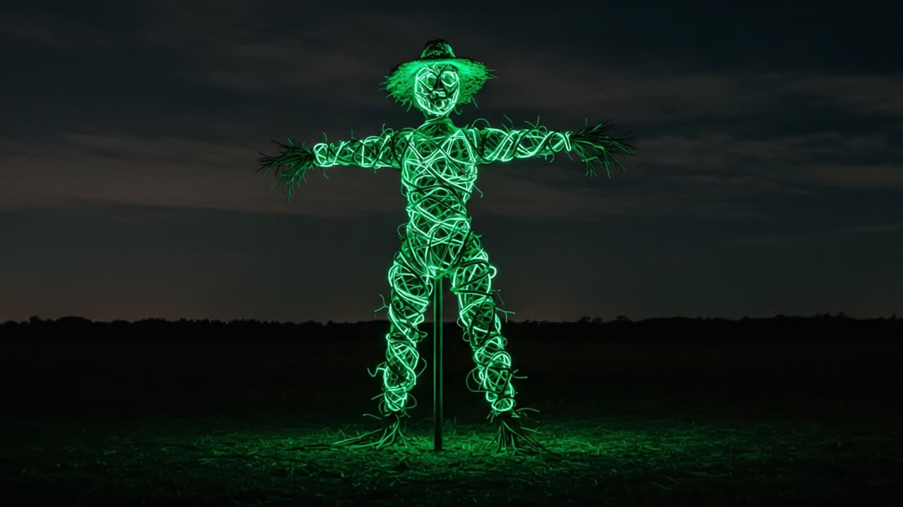 A Striking Green Scarecrow Illuminated at Night: A Unique Display of Artistry with Twinkling Lights and an Enigmatic Presence in the Darkness