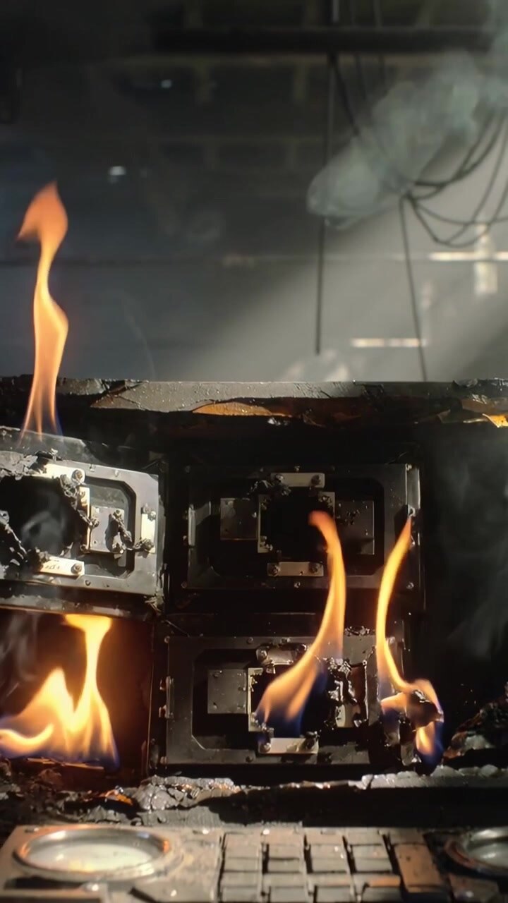 Vertical video: Flames starting lower modules, module array burning in workshop, melting shell