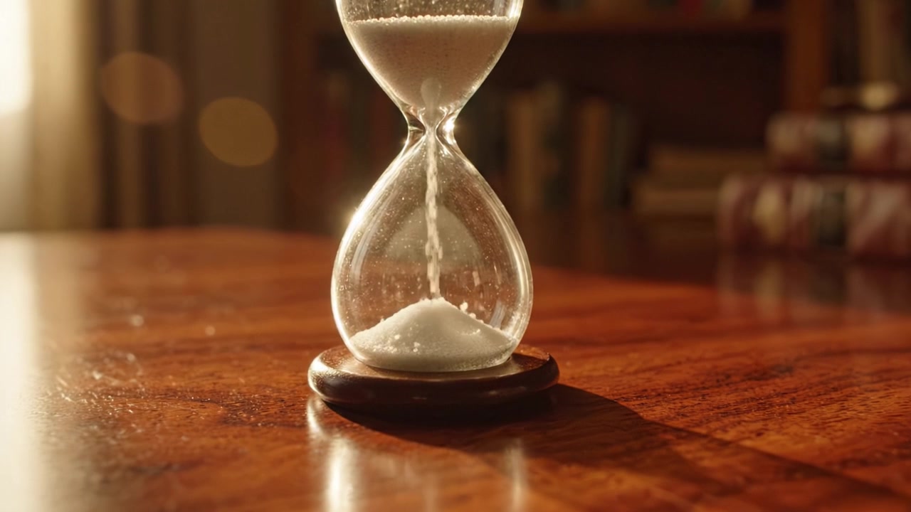 Una clessidra affascinante che svuota lentamente la sua sabbia, catturando il passare del tempo in una stanza illuminata calorosamente con una superficie di legno lucida sullo sfondo