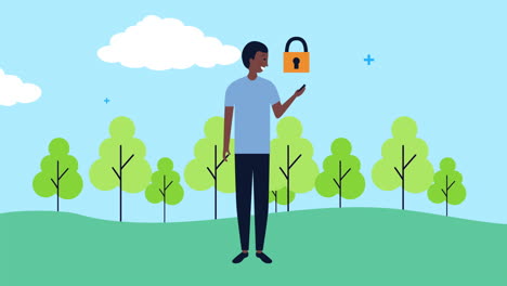 young businessman using smartphone with padlock