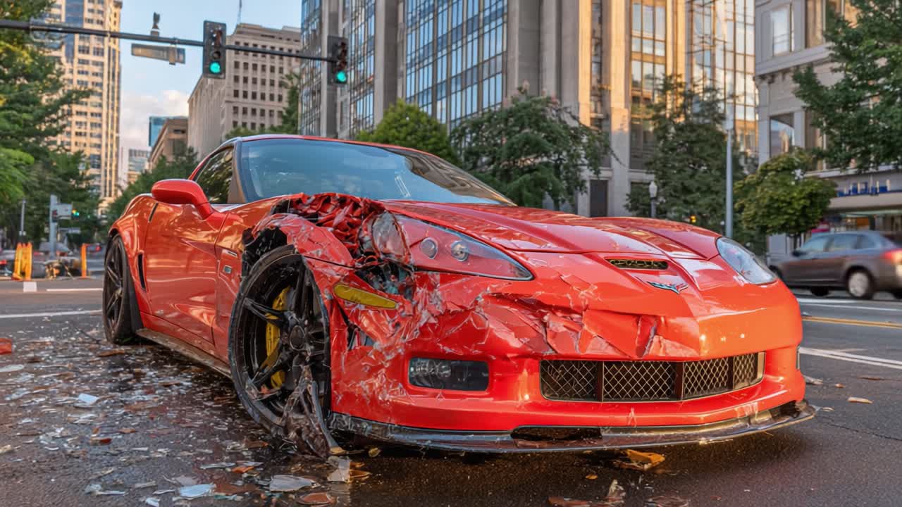 A Damaged Red Sports Car Displaying Significant Collision Impact in an Urban Environment with Reflections of Skyscrapers and Traffic Lights Visible