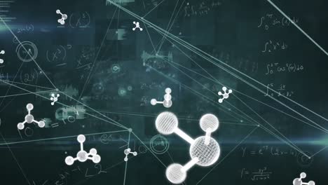 Animation-of-molecules-and-mathematical-equations-over-connections-on-black-background