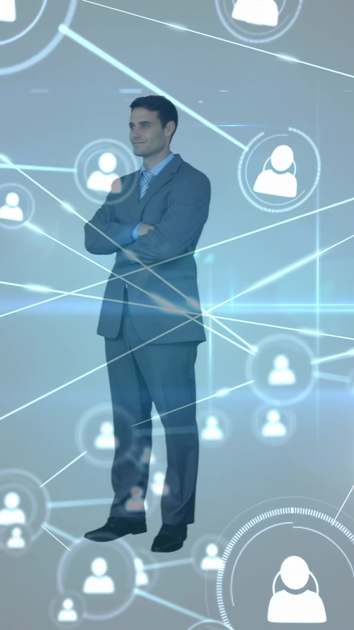 Vertical video: Appearing holo urging team entering studio, linking via nodes and lines in suits