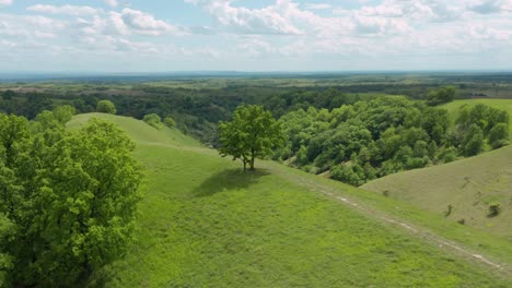 Deliblato-Sands,-sand-dune-green-hills-desert-in-Serbia,-4K-aerial-view