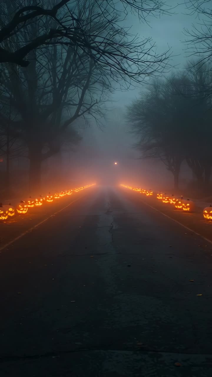 Vertical video: Gliding camera forward revealing carved pumpkins lighting foggy lane, distant glow
