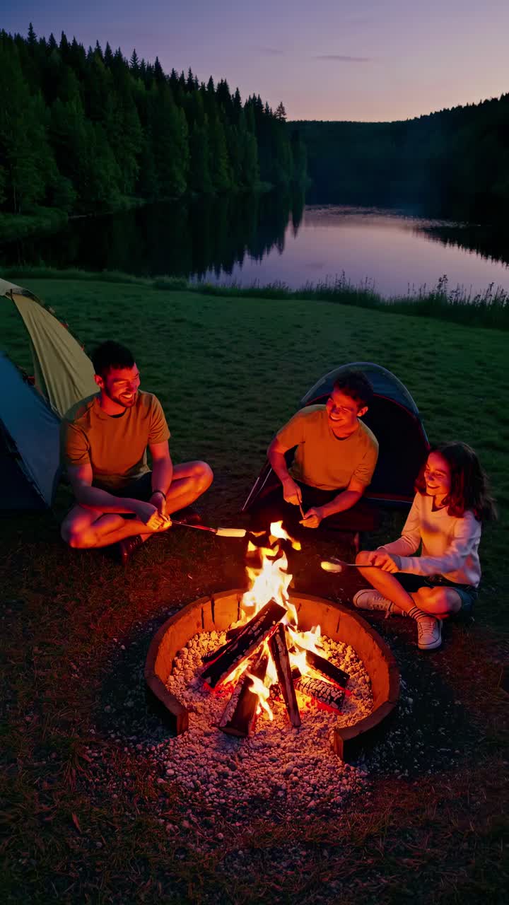 Aerial view of friends by a campfire near tents and a lake at dusk, roasting marshmallows