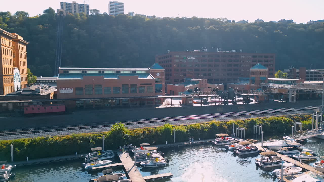 Footage at the waterfront of the Allegheny River in Pittsburgh, Pennsylvania. People go the berths with small motor boats