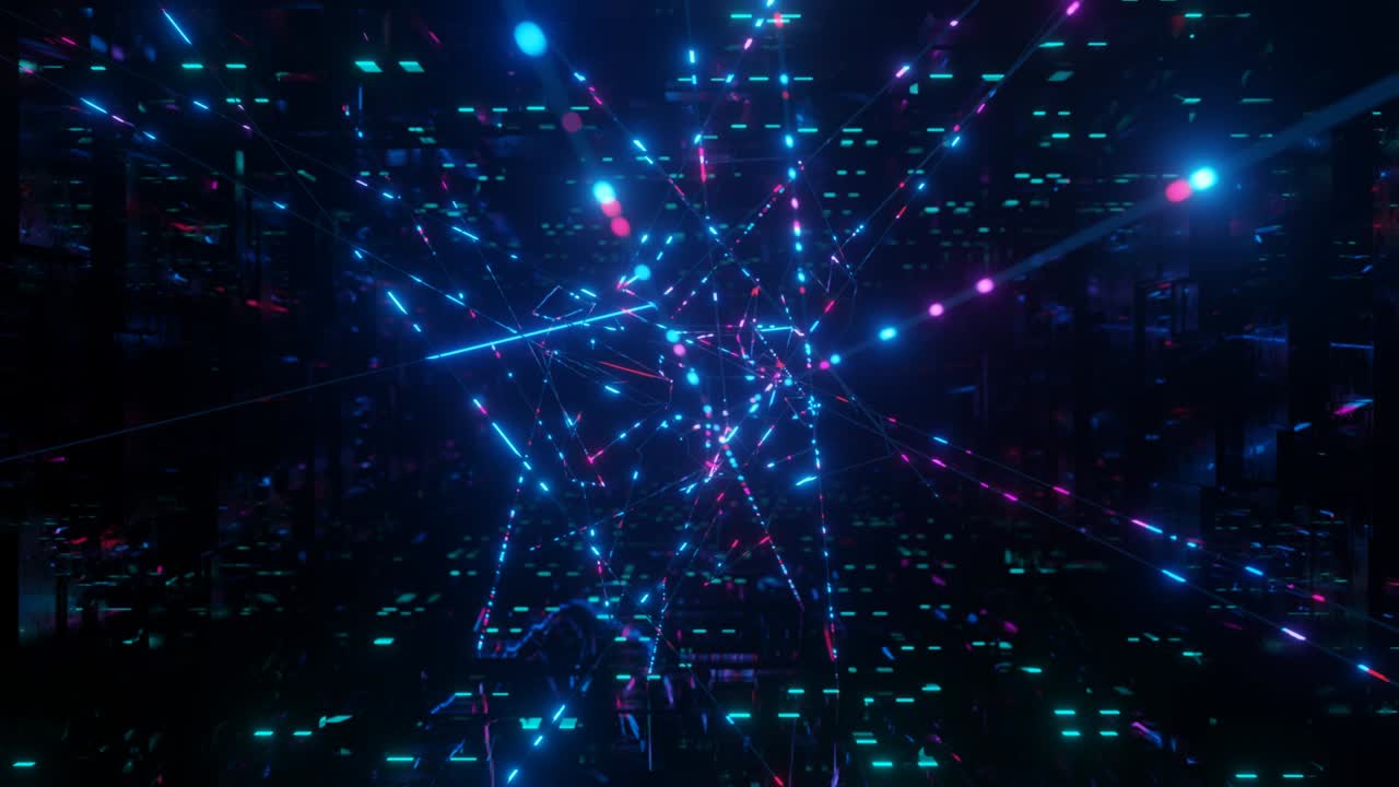estructura de haz. objeto o estructura 3d gira y se mueve dentro de un túnel de espejo de vidrio con luz de neón, reflejos brillantes. fantástico resumen bg en 4k. vj para mostrar. sci fi bg volar a través del túnel de alta tecnología