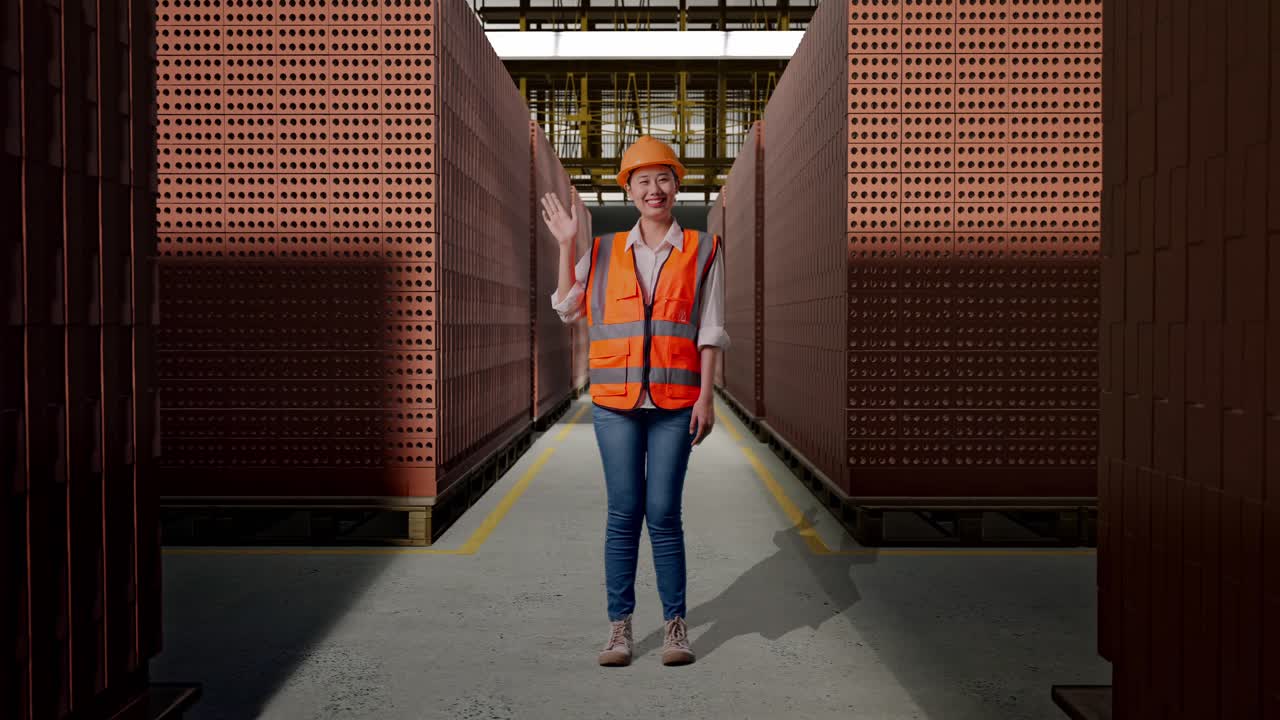 Full Body Of Asian Female Engineer With Safety Helmet Smiling To Camera And Waving Hand Saying Bye While Standing With Red Brick Packed in Stacks Are Stored