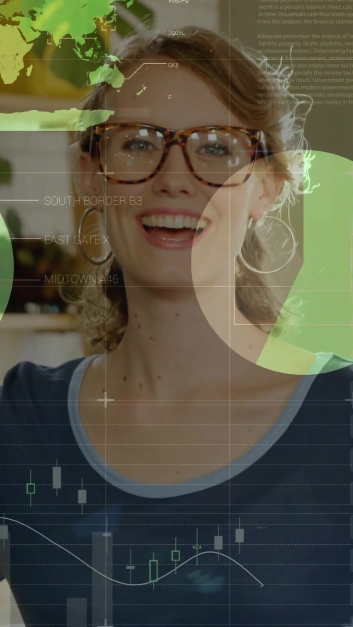 Host adjusting skirt camera panning up revealing face with HUD charts overlaying % data for tech