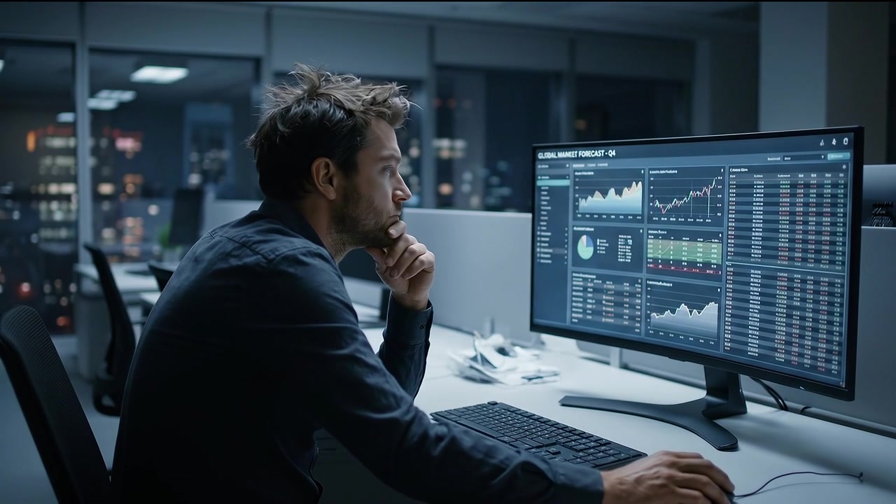 Stressed Financial Analyst Working Late at Night in Office