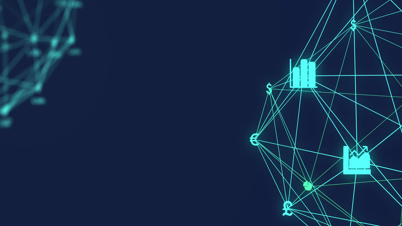 Animation of digital interface and globe of network connections with financial and currency icons