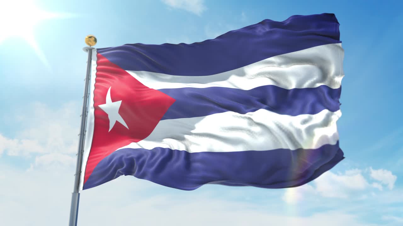 Bandiera di Cuba che sventola al vento contro un cielo blu intenso. Tema nazionale, concetto internazionale. Render 3D, loop continuo 4K