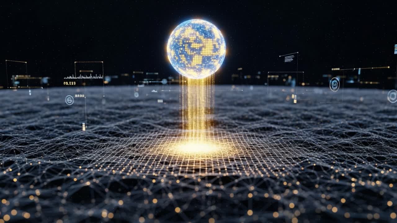 A Futuristic Concept Depicting a Glowing Digital Globe Elevating from a Grid of Light, Symbolizing Data Transfer and Global Connectivity in a Virtual Landscape