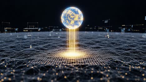 A Futuristic Concept Depicting a Glowing Digital Globe Elevating from a Grid of Light, Symbolizing Data Transfer and Global Connectivity in a Virtual Landscape