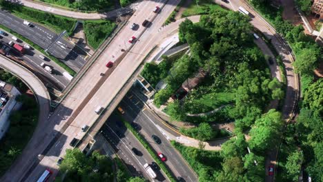 birdseye aerial view looking down over kowloon city highway traffic and green space