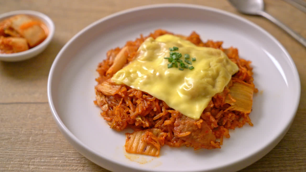 돼지고기와 치즈를 얹은 김치 볶음밥 - 아시아 및 퓨전 음식 스타일