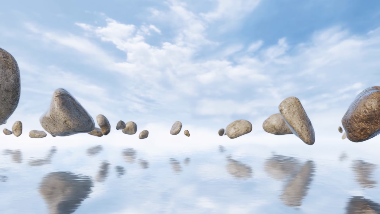 Floating Rocks Above Mirrored Water. Wispy Clouds And Endless Horizon Create Dreamy Panorama, Levitating