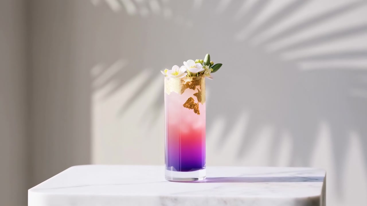 Una bevanda colorata, serena e invitante, è esposta staticamente su una superficie bianca in un ambiente interno, illuminata da luce naturale con ombre. La bevanda è servita in un bicchiere con ghiaccio e un