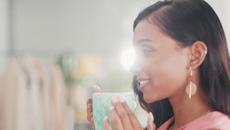 Coffee-drink,-face-and-woman-smell-tea-cup-steam