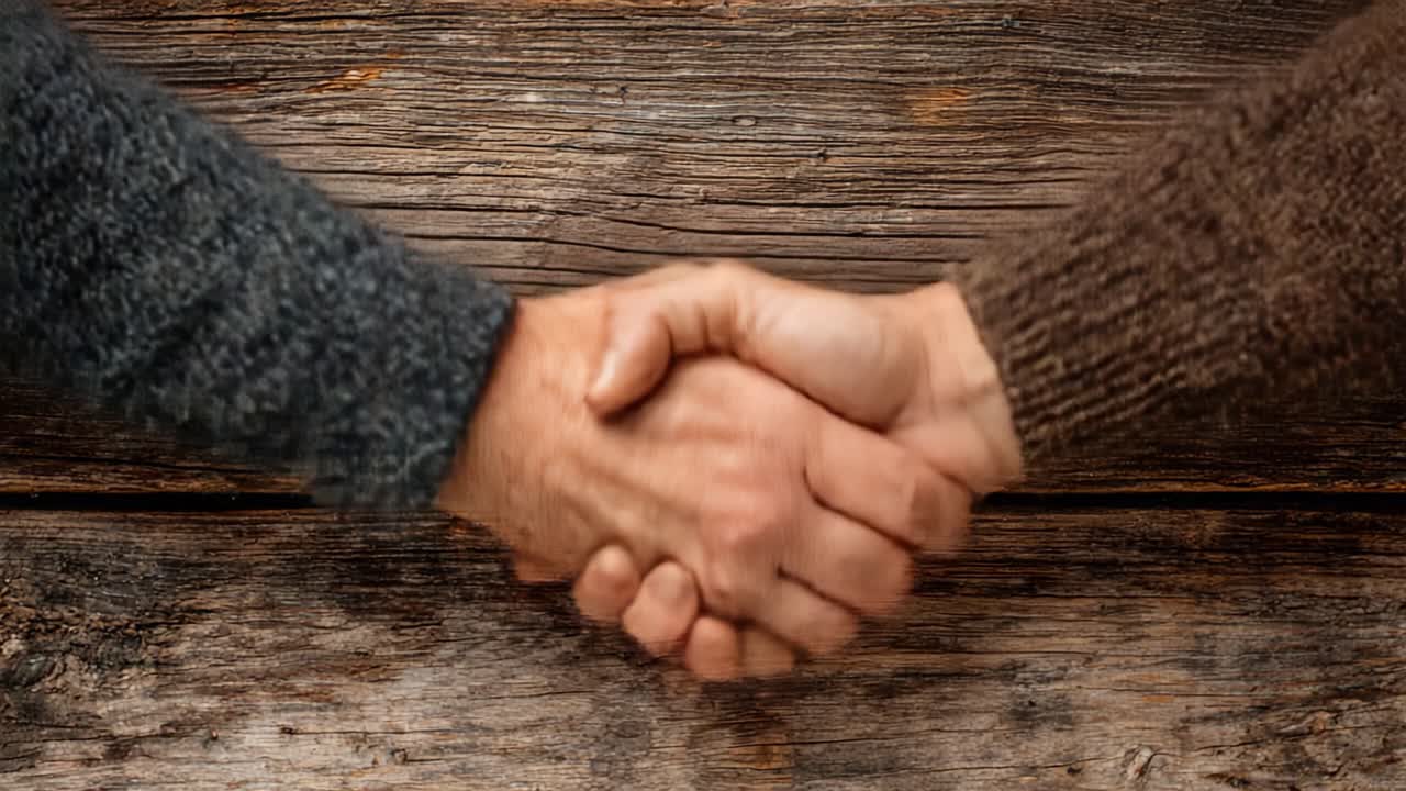 En professionel gestus af samarbejde og tillid vist gennem et fast håndtryk mellem to individer over en naturlig træoverflade.