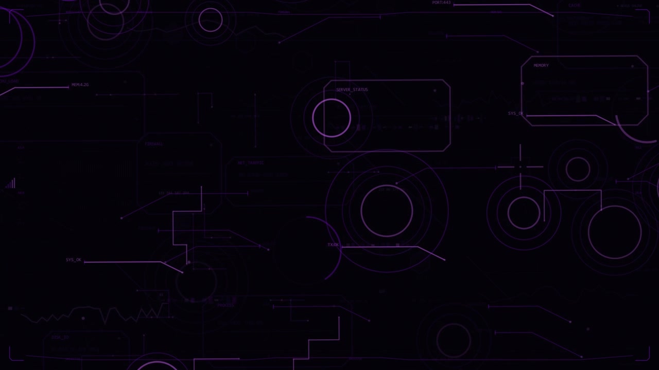 HUD in loop che anima sottili linee viola su un piano trasparente, anelli centrali che si espandono per la sovrapposizione.
