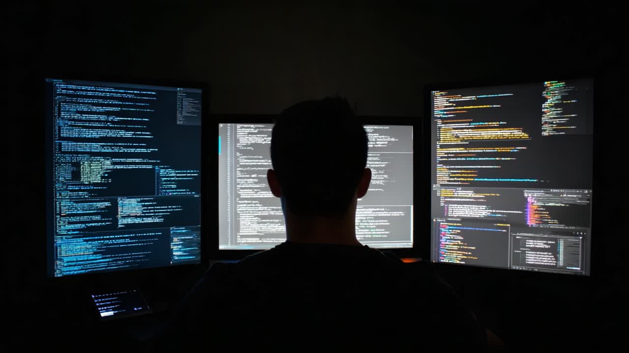 A Focused Programmer Analyzing Complex Code on Multiple Monitors in a Dimly Lit Environment, Highlighting the Intensity of Modern Software Development