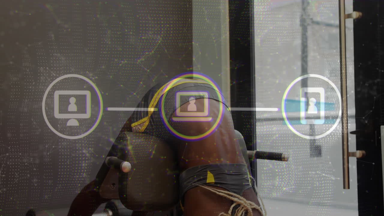 Woman performing back extension workout on bench, showcasing fitness technology with profile icons