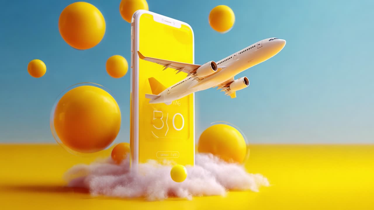 A vibrant digital composition featuring a smartphone displaying an airplane soaring through a colorful background filled with yellow spheres and soft clouds, symbolizing modern travel technology