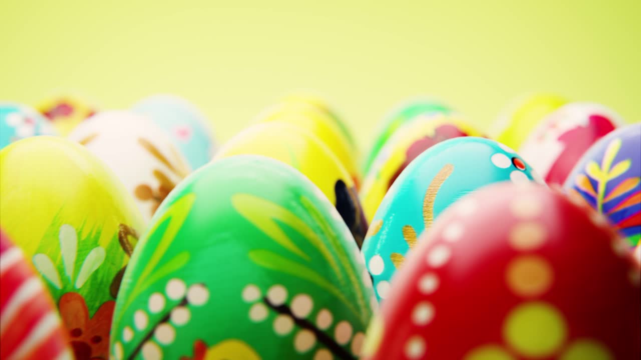 Close-Up Panning Shot of Many Colorful Decorated Easter Eggs