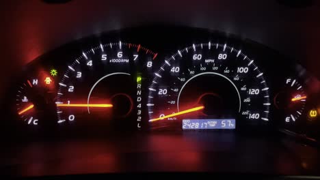 Car-instrument-panel-with-lights-on-and-flashing-with-more-than-240,000-miles